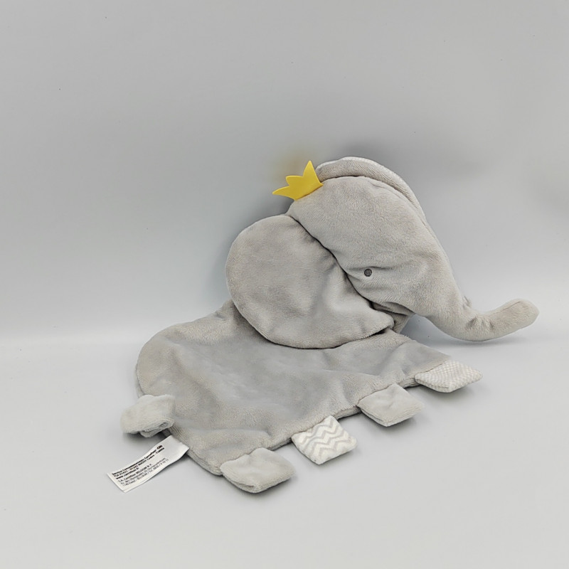 Doudou plat éléphant gris couronne TEX