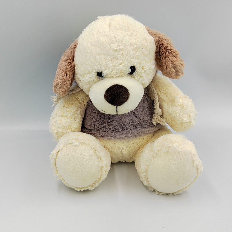 Peluche Doudou chien blanc beige gris capuche GIPSY