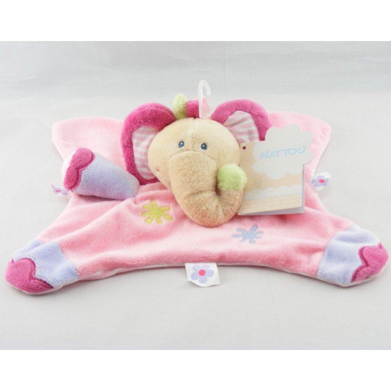 Doudou semi plat éléphant rose mauve fleurs NATTOU