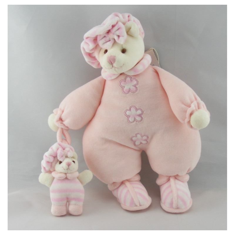 Doudou ours boule beige blanc rose col pétale BUKOWSKI