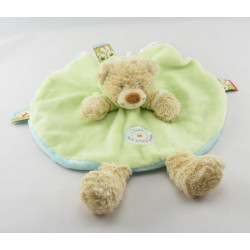 Doudou plat rond ours vert bleu capuche NICOTOY