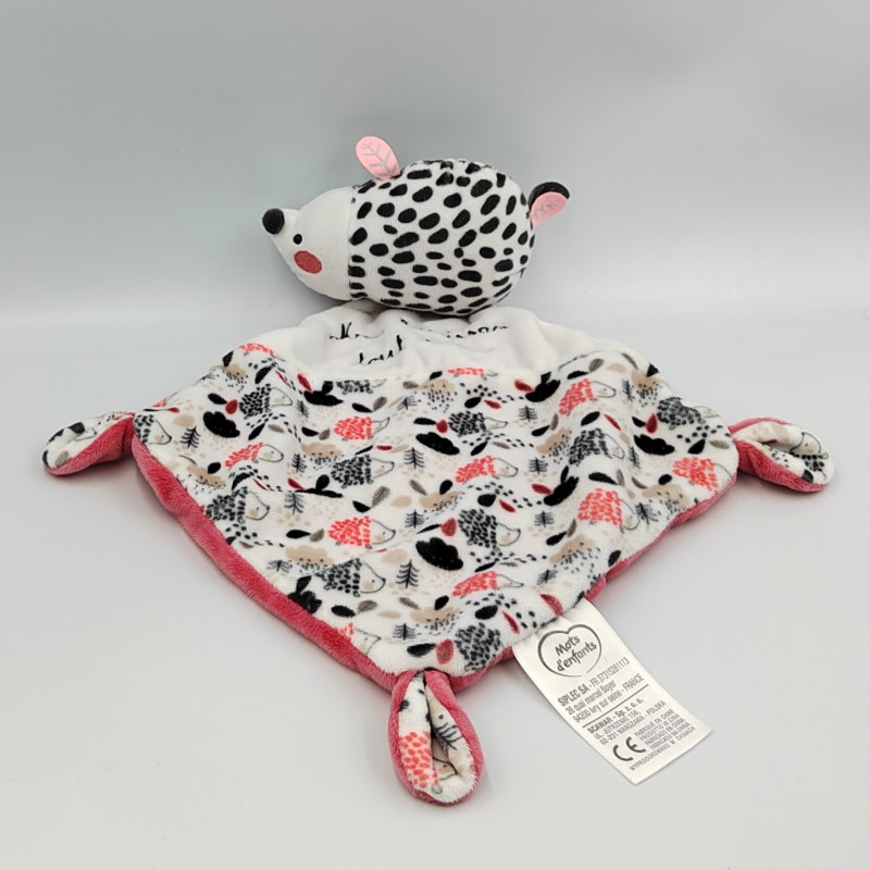 Doudou plat hérisson blanc rose noir feuilles MOTS D'ENFANTS