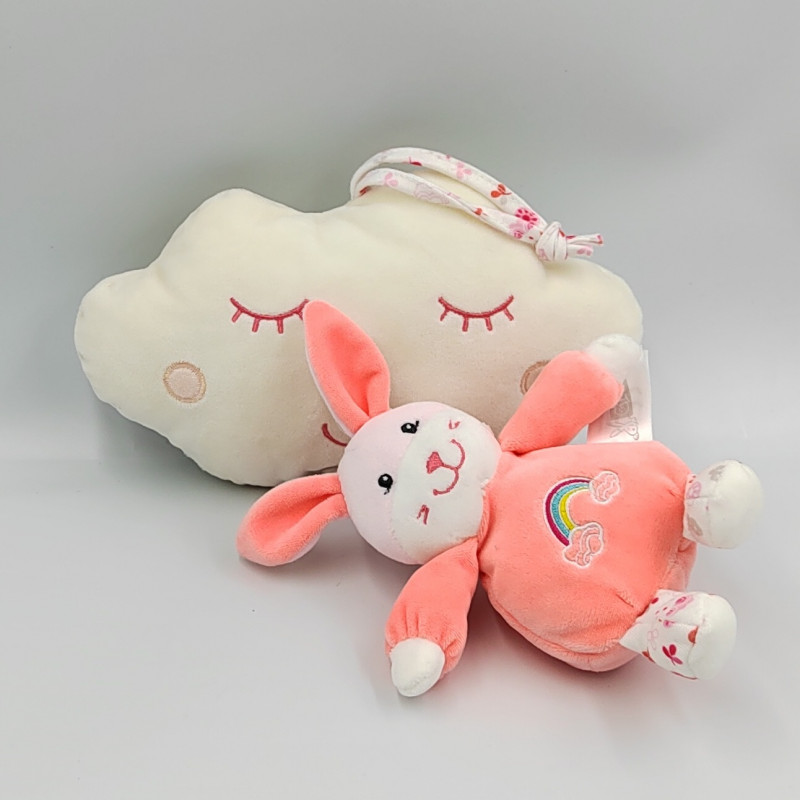 Doudou musical nuage lapin rose blanc fleurs arc en ciel GIPSY