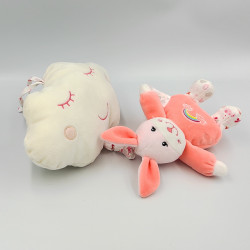 Doudou musical nuage lapin rose blanc fleurs arc en ciel GIPSY