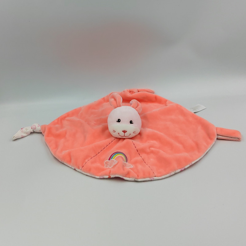 Doudou plat lapin rose blanc fleurs arc en ciel GIPSY