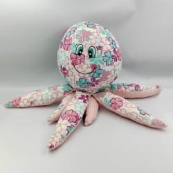 Grand doudou peluche pieuvre rose bleu fleurs TAGADA ALINEA