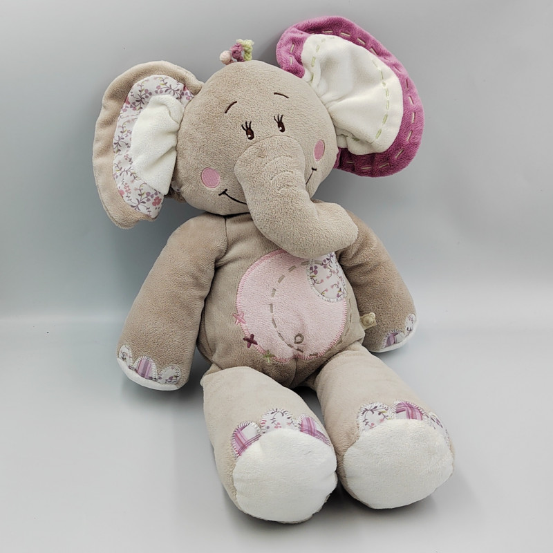 Grand Doudou éléphant Kali gris rose fleurs NOUKIE'S