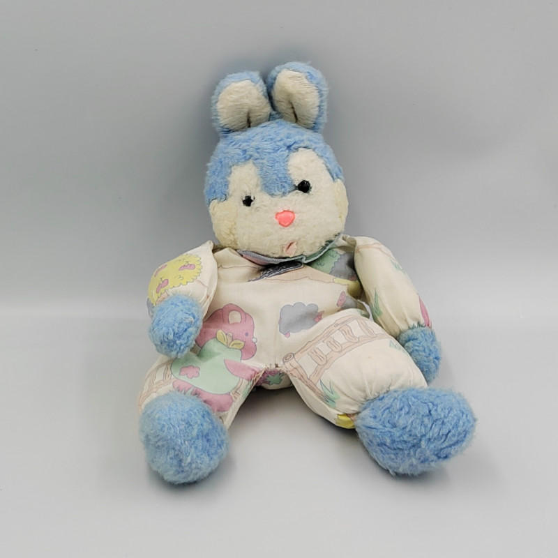 Ancienne peluche lapin bleu blanc motifs NOUNOURS