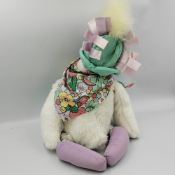 Peluche oie canard blanc bleu violet foulard fleurs pastèques