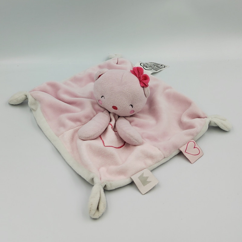 Doudou plat ours chat rose blanc coeur MOTS D'ENFANTS