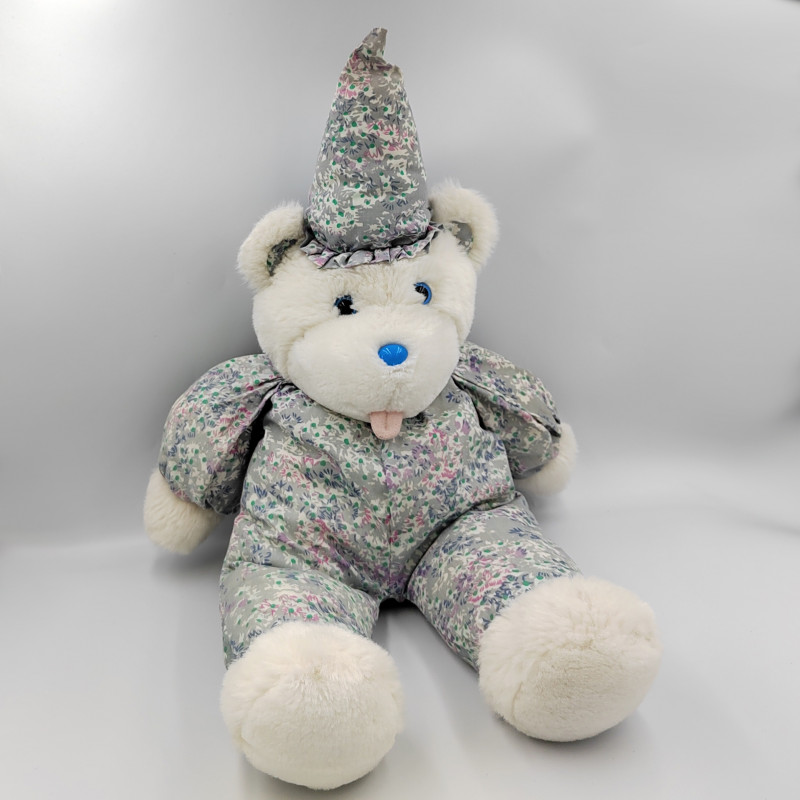 Ancienne peluche ours blanc gris bleu fleurs chapeau de clown