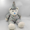 Ancienne peluche ours blanc gris bleu fleurs chapeau de clown