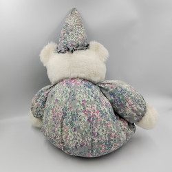 Ancienne peluche ours blanc gris bleu fleurs chapeau de clown