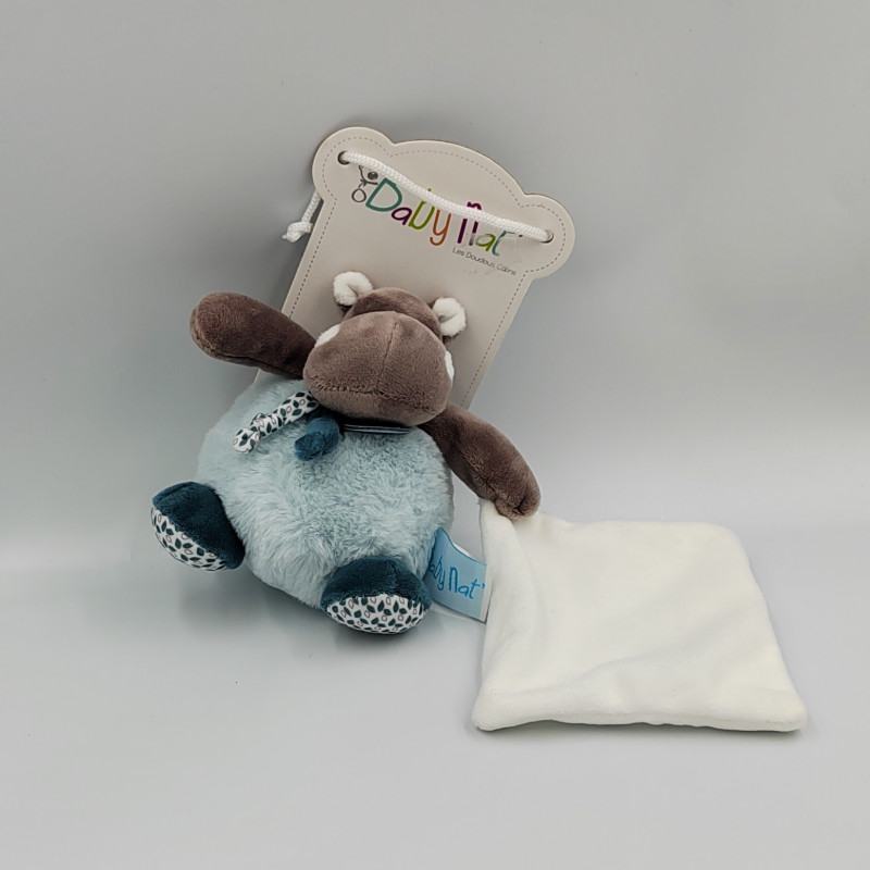 Doudou Hippopotame gris blanc bleu Bazile l'hippo mouchoir BABY NAT