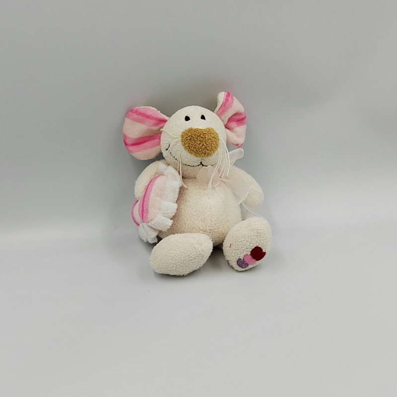 Doudou souris blanche cousin rose rayé