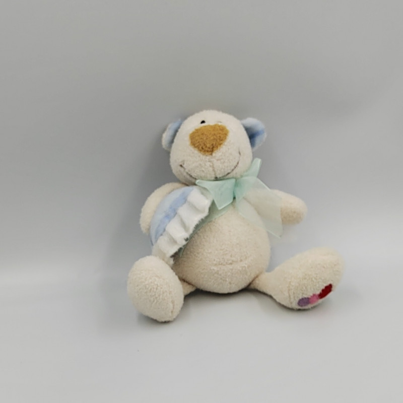 Doudou ours blanc coussin bleu rayé 