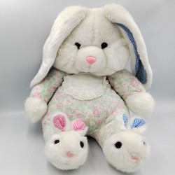 Ancienne peluche lapin blanc rose bleu vert fleurs chaussons pantoufles IMPEXIT