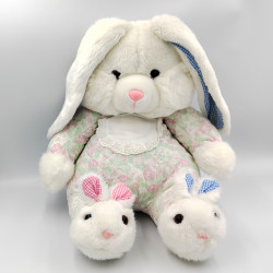 Ancienne peluche lapin blanc rose bleu vert fleurs chaussons pantoufles IMPEXIT