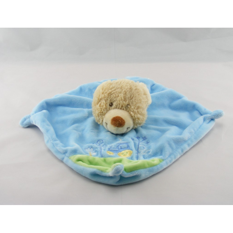 Doudou plat carré ours bleu vert tracteur TEX BABY NEUF