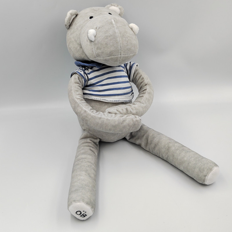 Doudou hippopotame gris bleu blanc rayé OBAIBI