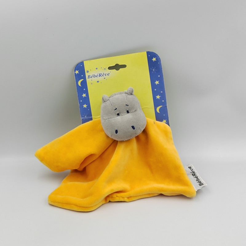 Doudou plat hippopotame gris orange BEBEREVE
