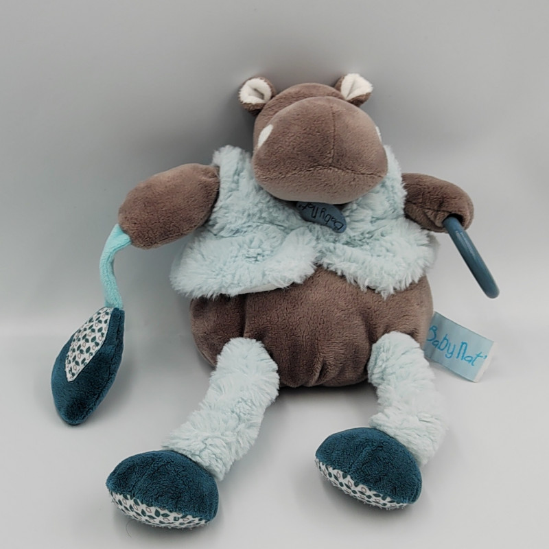 Doudou Hippopotame marron bleu Bazile l'hippo hochet BABY NAT