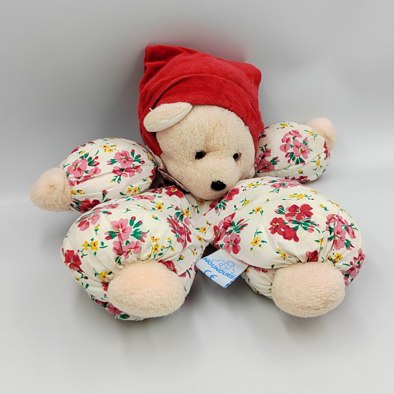 Ancienne peluche ours blanc rouge fleurs NOUNOURS