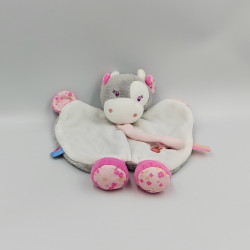 Doudou plat vache grise rose blanche fleurs SUCRE D'ORGE
