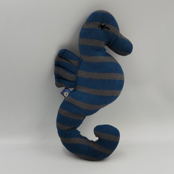 Doudou hippocampe bleu gris rayé MOUSQUETON