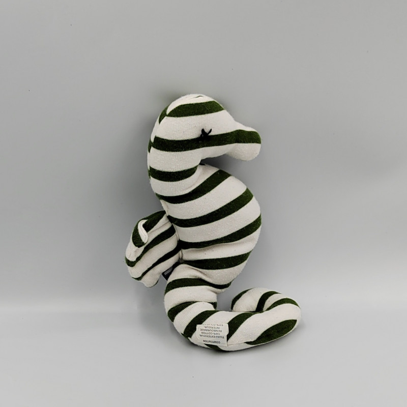Doudou peluche hippocampe blanc vert rayé MOUSQUETON