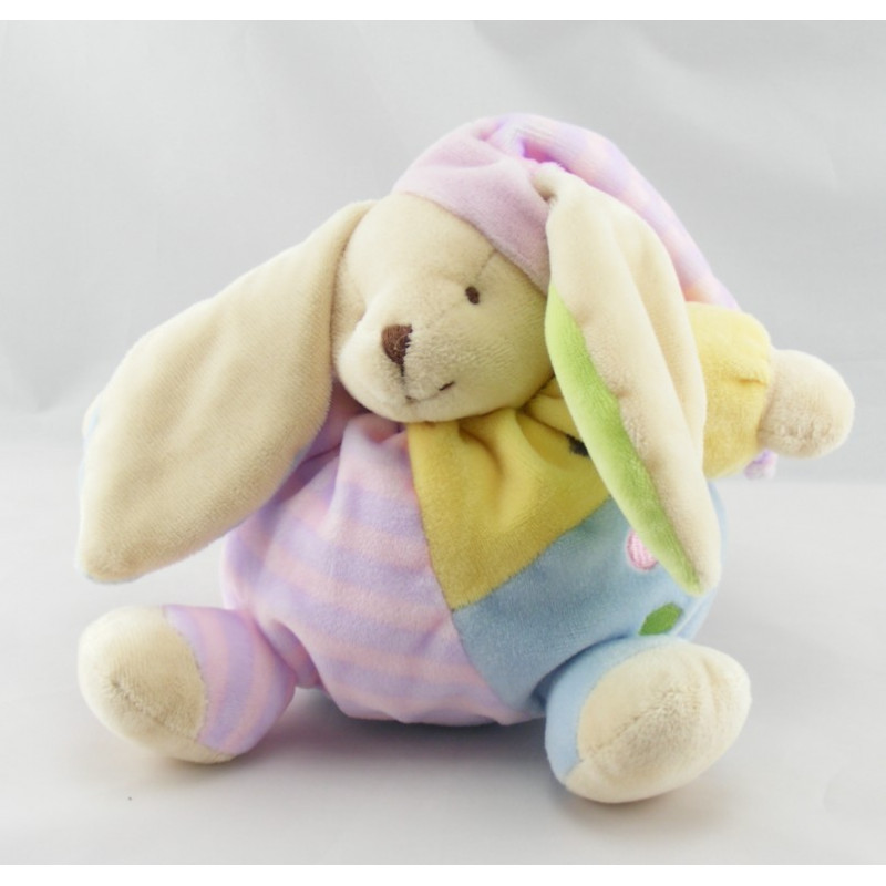 Doudou lapin boule jaune mauve vert bonnet CMP