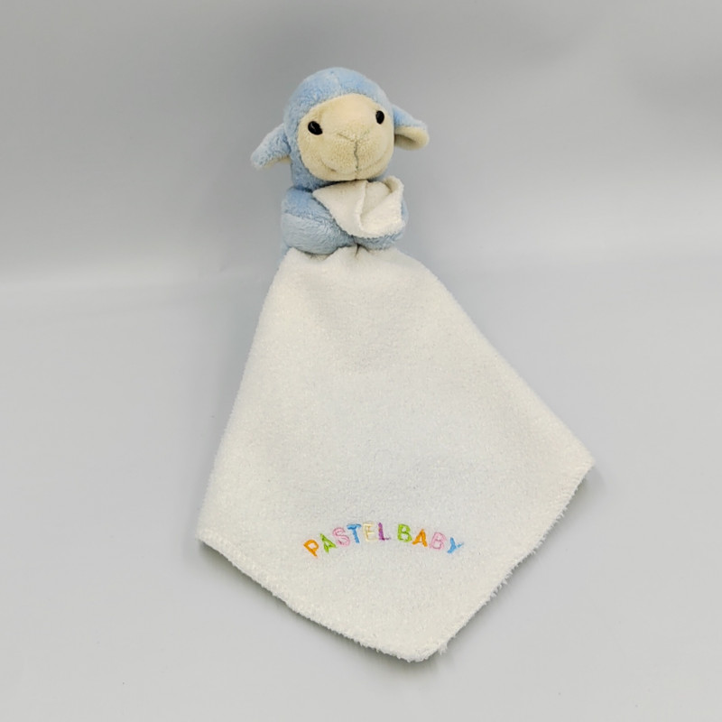 Doudou mouton bleu mouchoir blanc pastel CP INTERNATIONAL