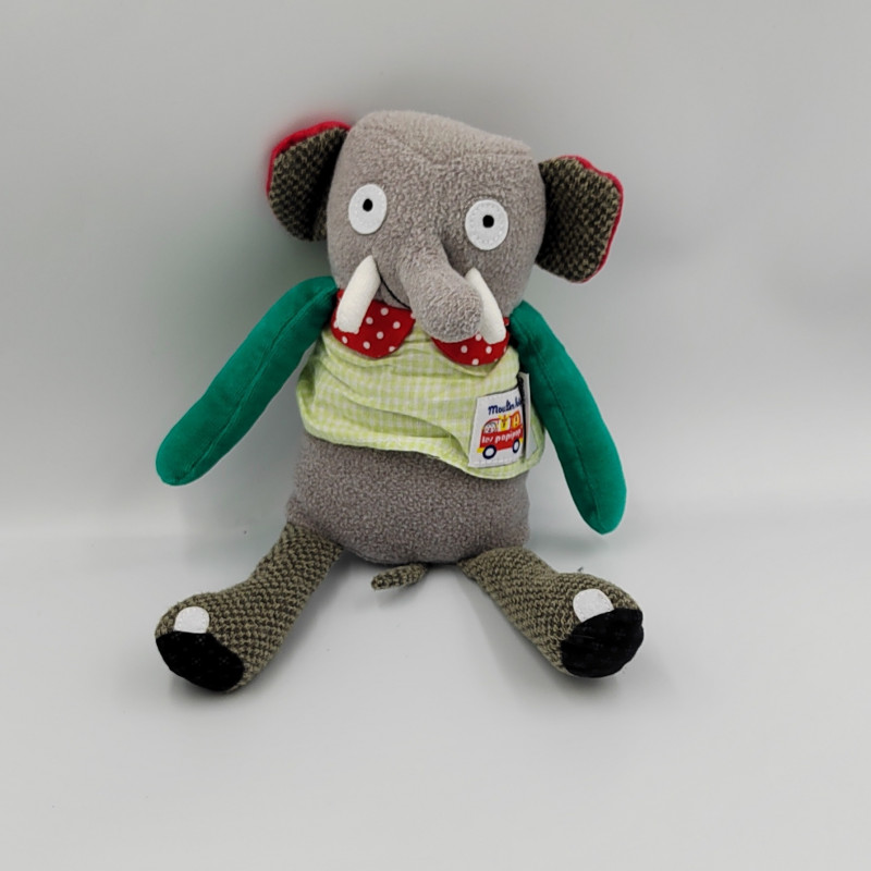 Doudou éléphant gris vert rouge Les Popipop Moulin Roty
