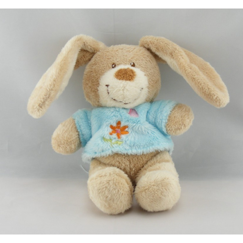 Doudou plat carré lapin bleu fleur papillon TEX