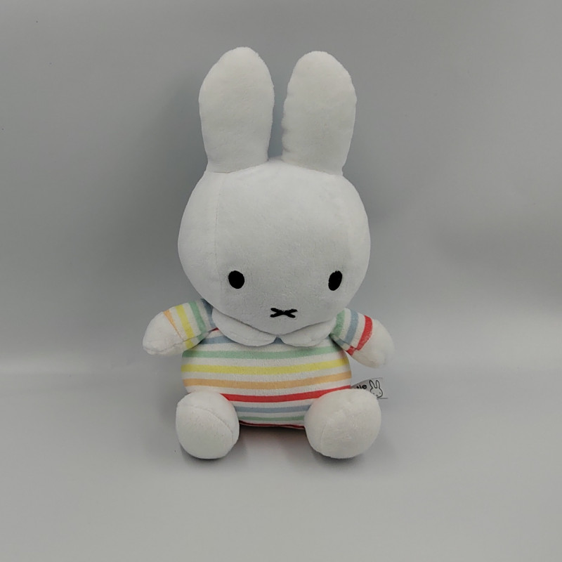 Doudou lapin blanc jaune vert bleu rouge rayé MIFFY