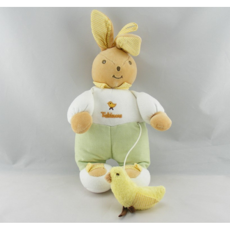 Doudou lapin blanc vert oiseau brodé TAKINOU 