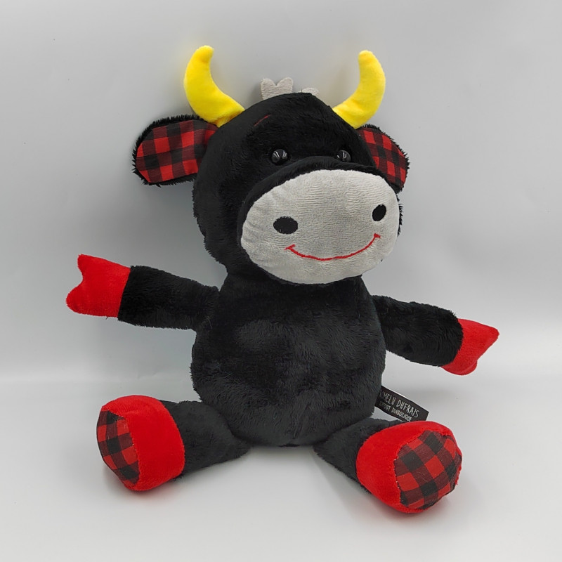 Doudou peluche taureau noir rouge jaune ROMELU DUFRAIS