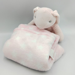 Doudou peluche lapin rose blanc avec couverture Rabbit baby pink
