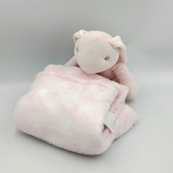 Doudou peluche lapin rose blanc avec couverture Rabbit baby pink