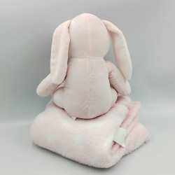 Doudou peluche lapin rose blanc avec couverture Rabbit baby pink