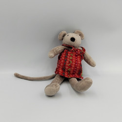 Doudou souris grise robe rouge fleurs la grande famille MOULIN ROTY