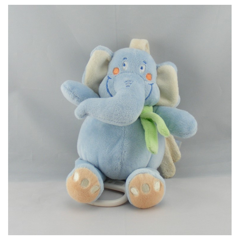 Doudou musical éléphant bleu foulard vert CHARLY ET CIE