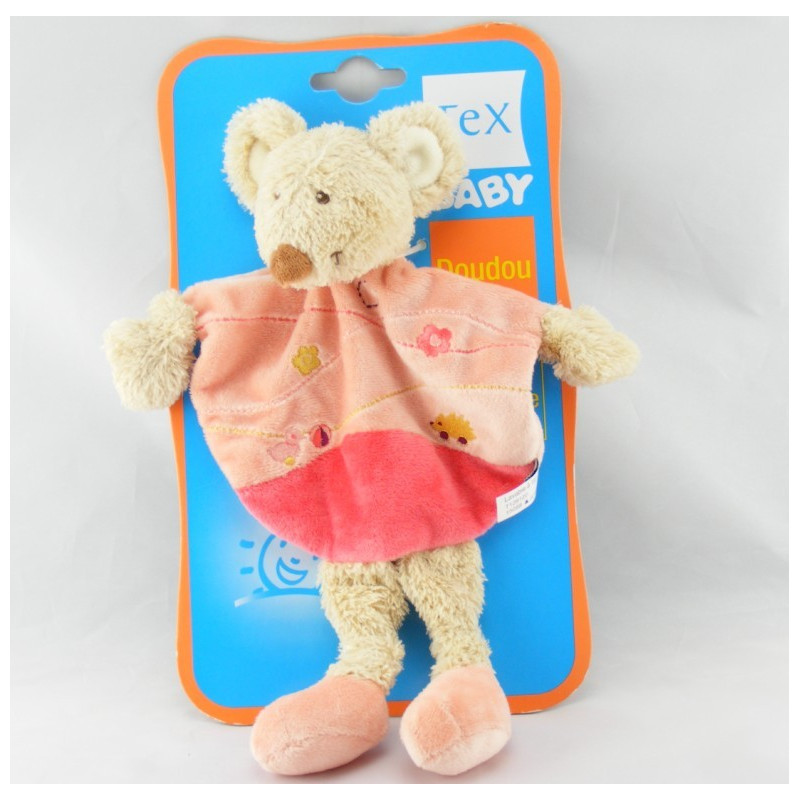 Doudou plat souris rose orange hérisson brodé TEX NEUF