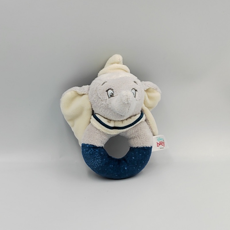 Doudou hochet éléphant gris blanc bleu Dumbo DISNEY BABY