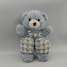 Doudou ours bleu salopette carreaux gris blanc feuilles NOUNOURS