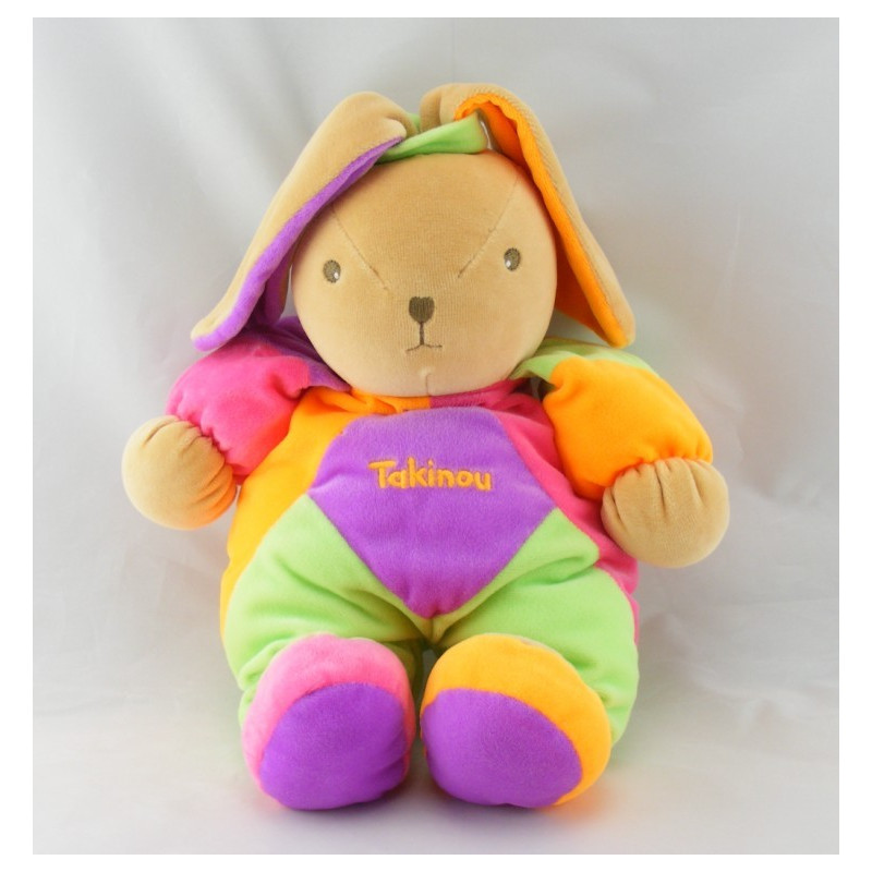 Doudou Lapin rose orange vert violet fluo TAKINOU