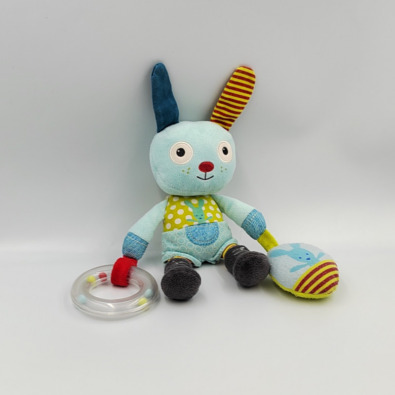 Doudou lapin chien bleu vert pois hochet POMMETTE