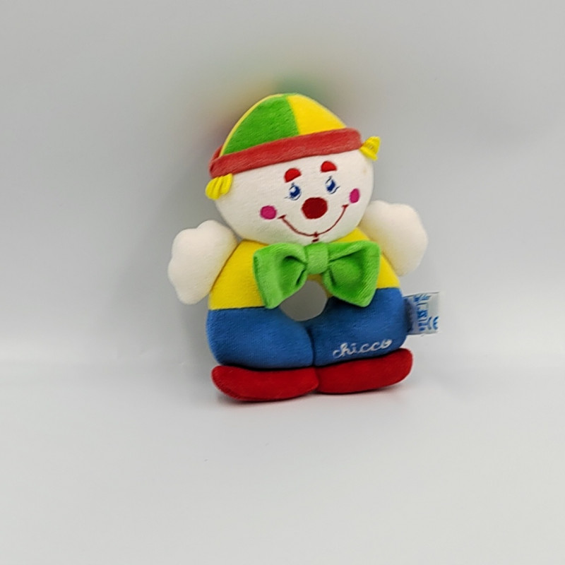 Doudou hochet clown blanc jaune bleu vert rouge CHICCO