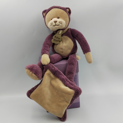Doudou chat violet prune beige mouchoir Les Usés HISTOIRE D'OURS