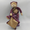 Doudou chat violet prune beige mouchoir Les Usés HISTOIRE D'OURS